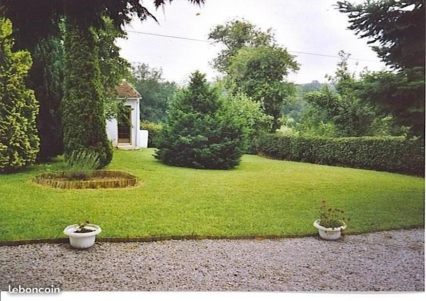 Cour clôturée avec pelouse et garage